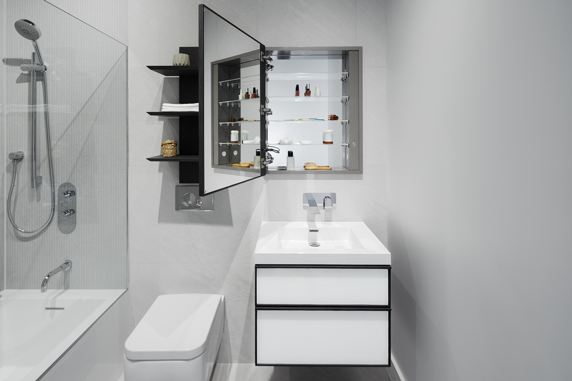 FRAME-LINEA-METRO_24in-Vanity_White-Matte-Drawers_Open-Cabinet