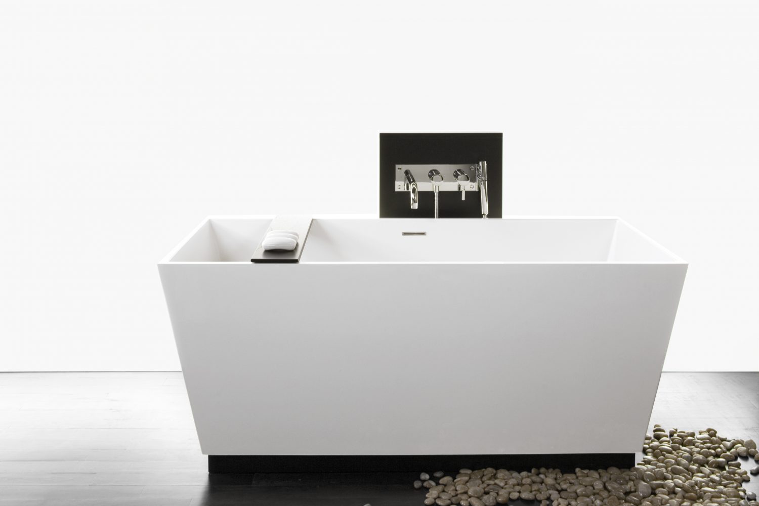 Freestanding Bathtub cube design with white gloss finish and wooden bridge for shampoo